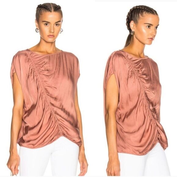 Raquel Allegra Bateau Dusky Petal Asymmetric Gathered Boxy Short Sleeve Blouse 2 - Picture 1 of 7